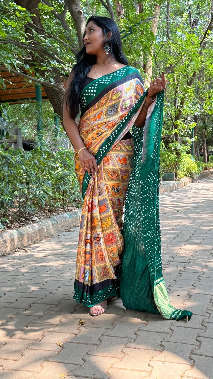Gold n Green Pure Modal Silk Kalamkari Print Saree 05