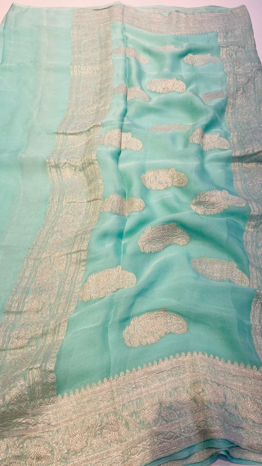 Sky Blue With Silver Zari Pure Khaddi Chiffon