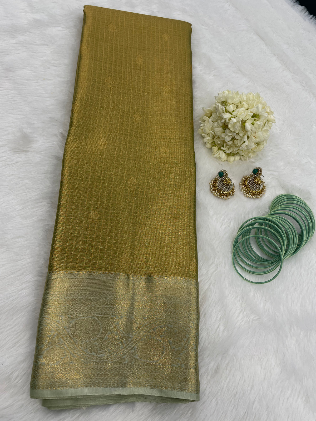 Gold n Pastel Green Brocade Semi Kanchi Tissue Saree