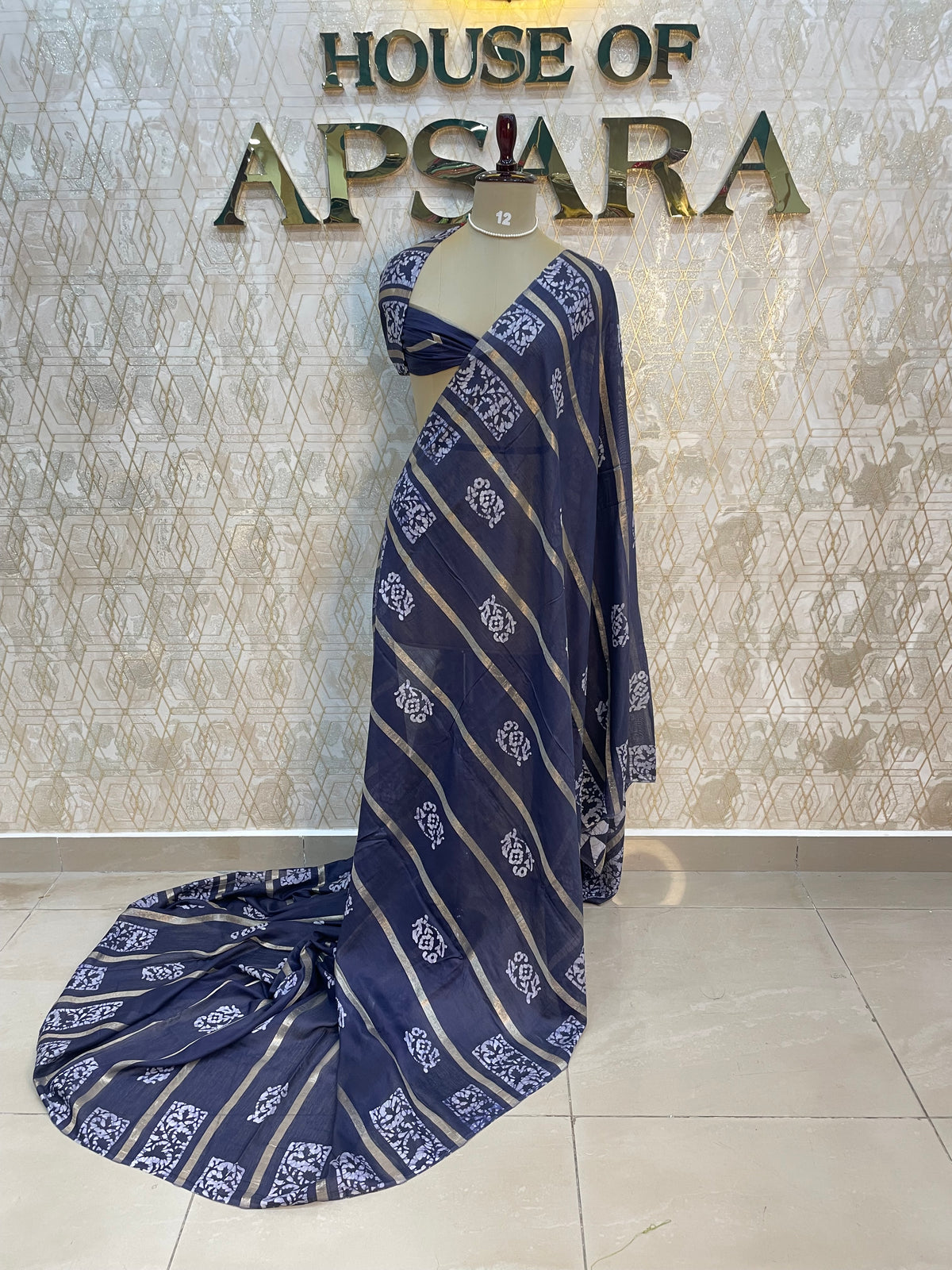 Navy Blue Assam Silk Batik Print Saree 23