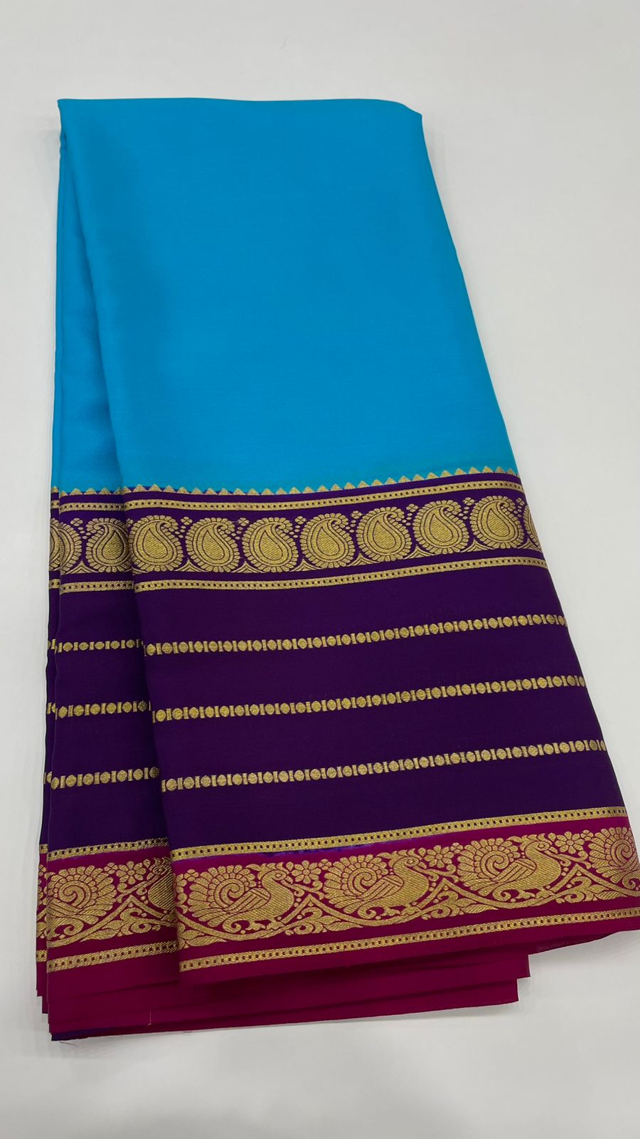 Blue n Purple 3D Pure Mysore Silk Crepe Saree 01