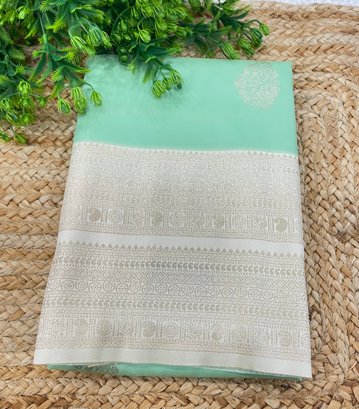 Sea Green n Cream Semi Silk Saree 42