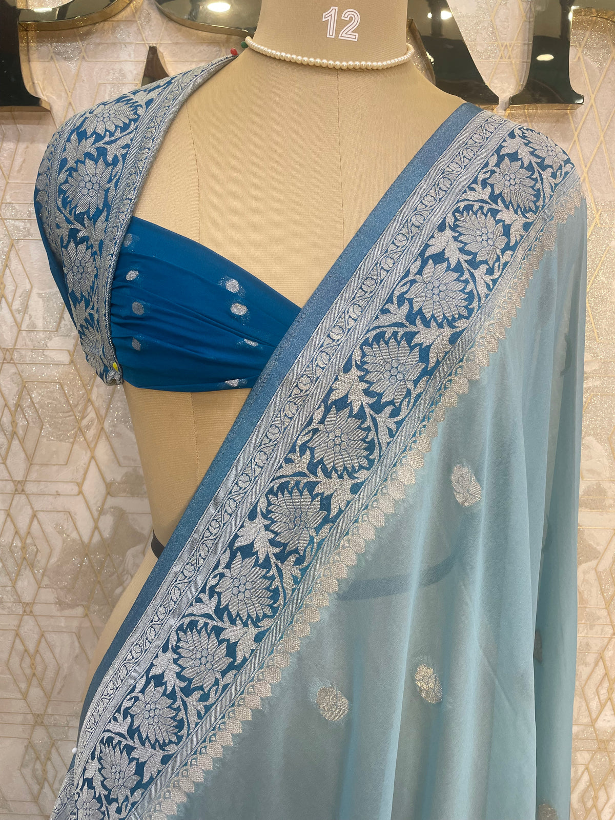 Blue With Silver Zari Semi Chiffon
