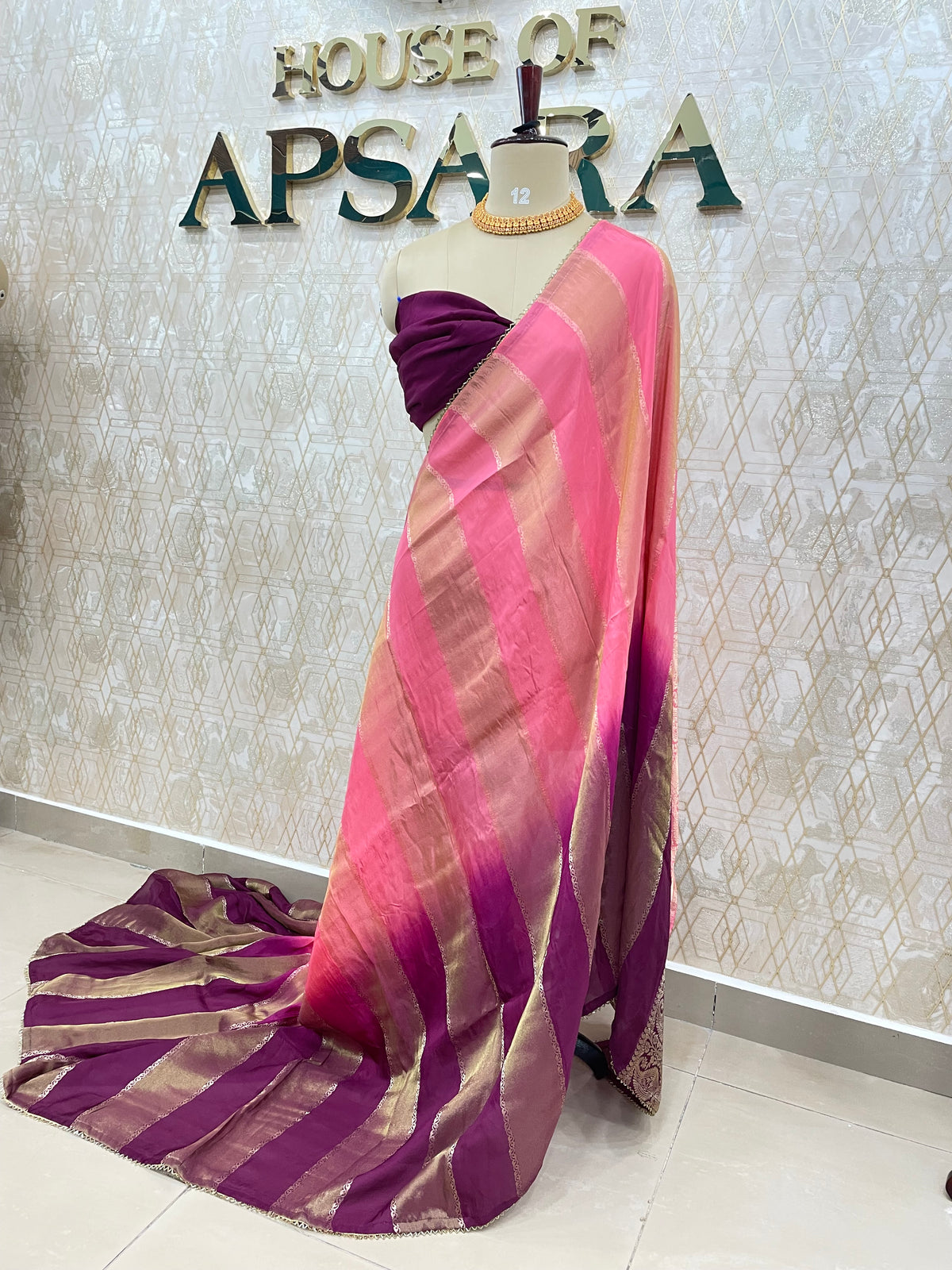 Pink n Wine Dual Shade Crepe n Tissue Fusion Saree 13