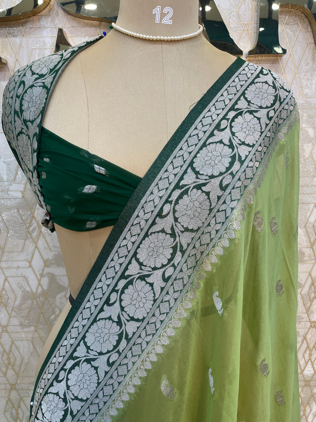Pista Green With Silver Zari Semi Chiffon