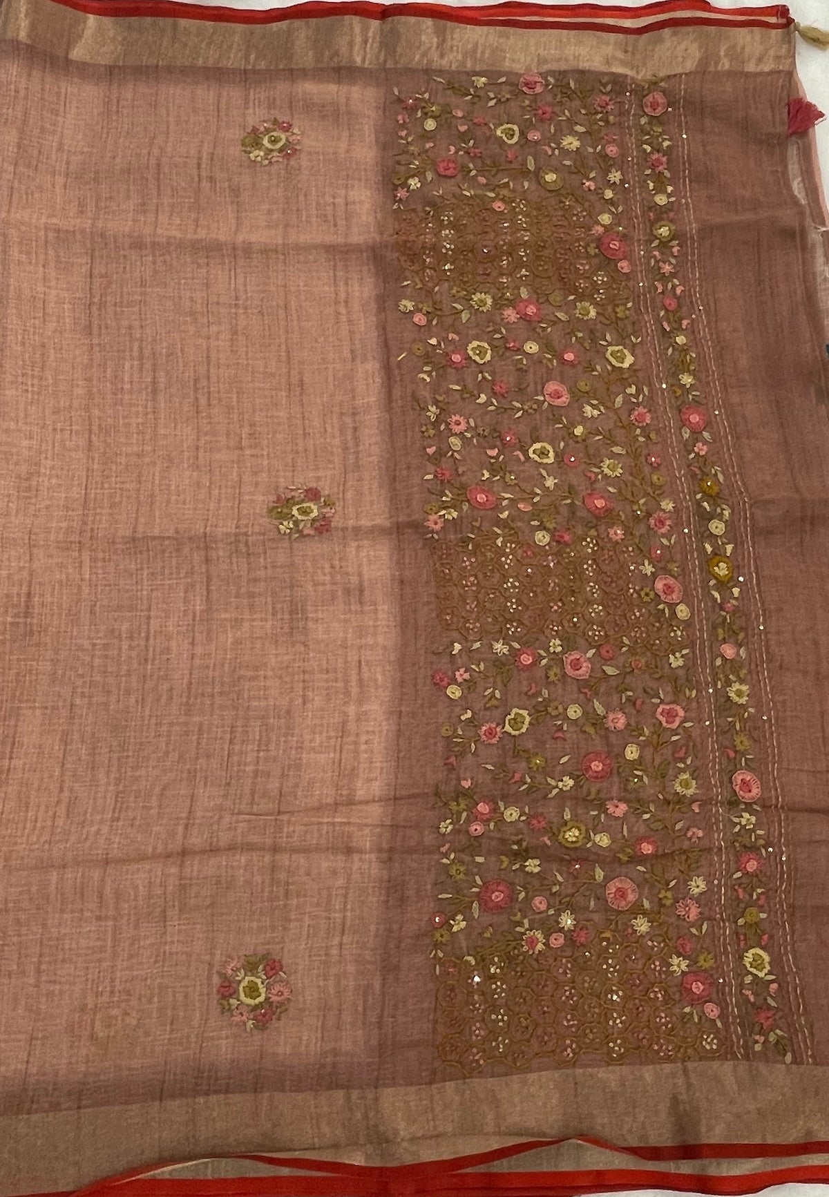 Brown Tissue Linen Knot Work Saree 12