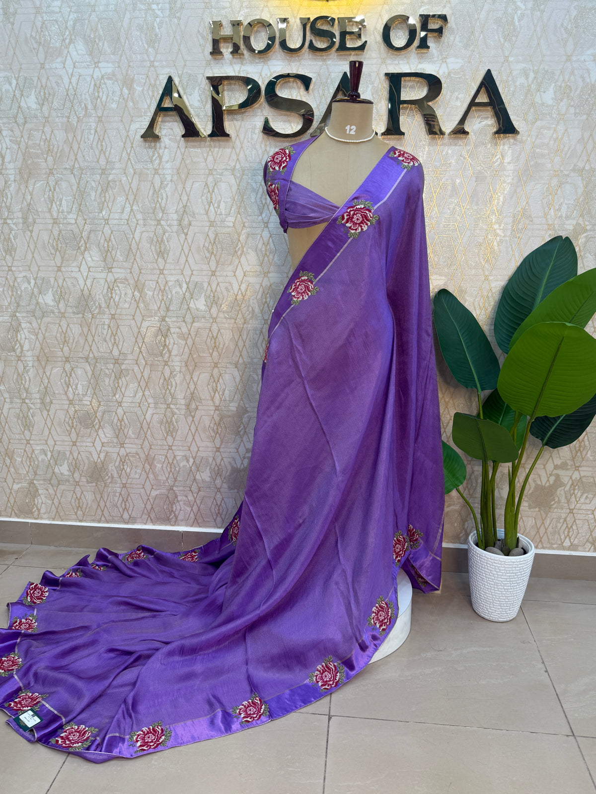 Purple Satin Silk Petite Point Embroidery Saree 305