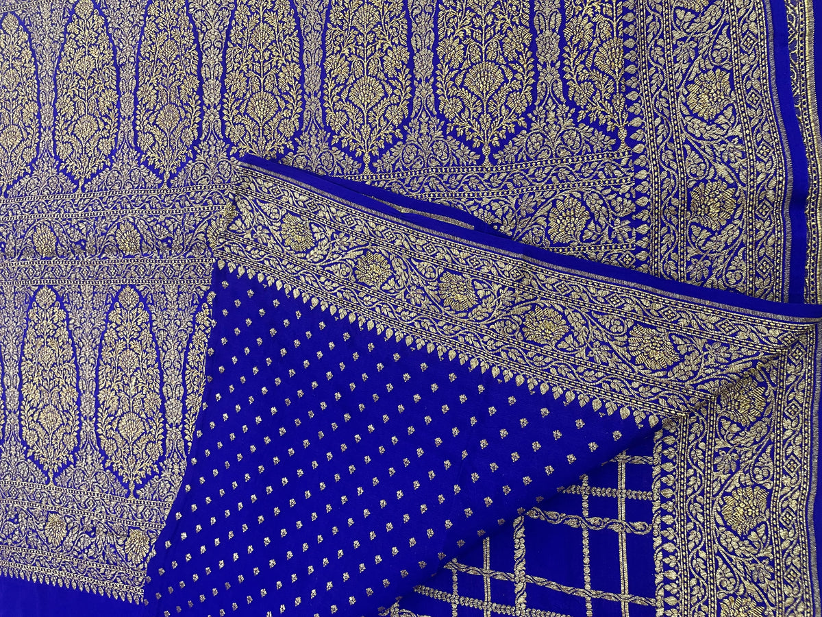 Royal Blue Pure Khadi Banarasi Crepe Saree Self 06