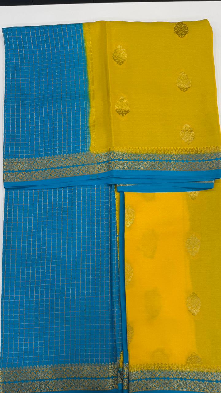 Yellow Big Butta Pure Mysore Silk Crepe Saree 01