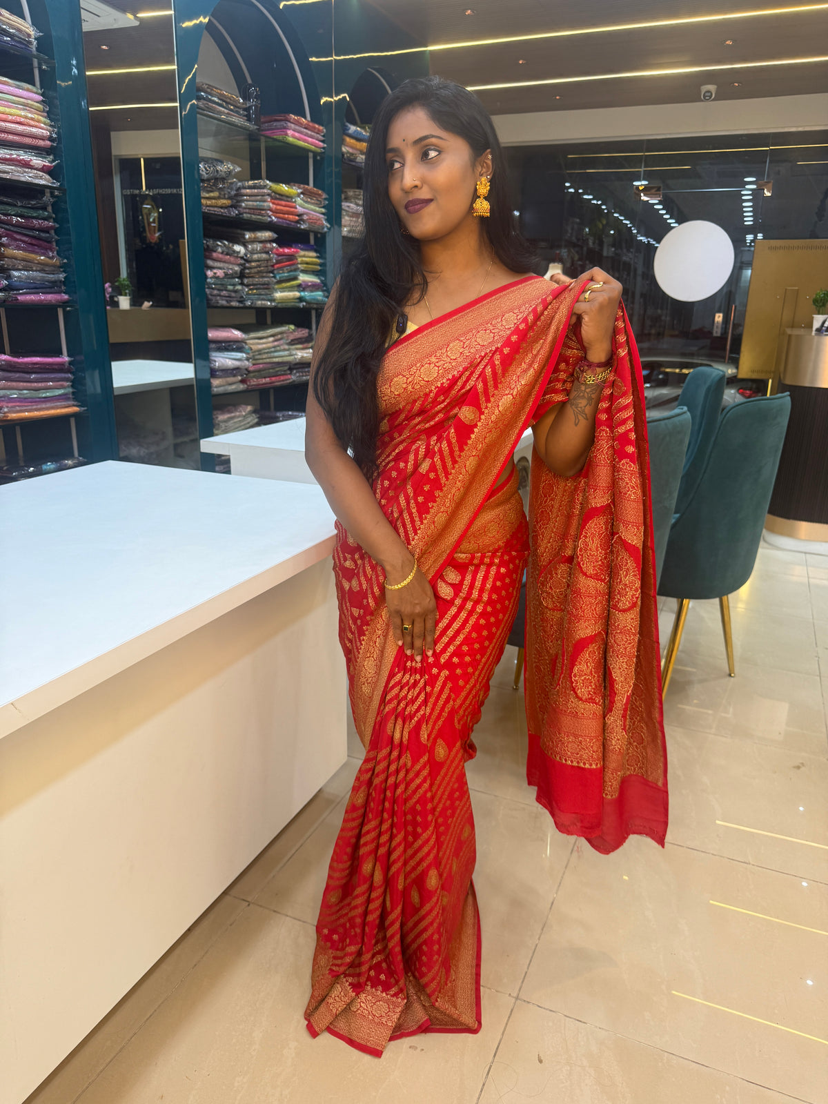 Red Pure Banarasi Crepe Self Saree 03