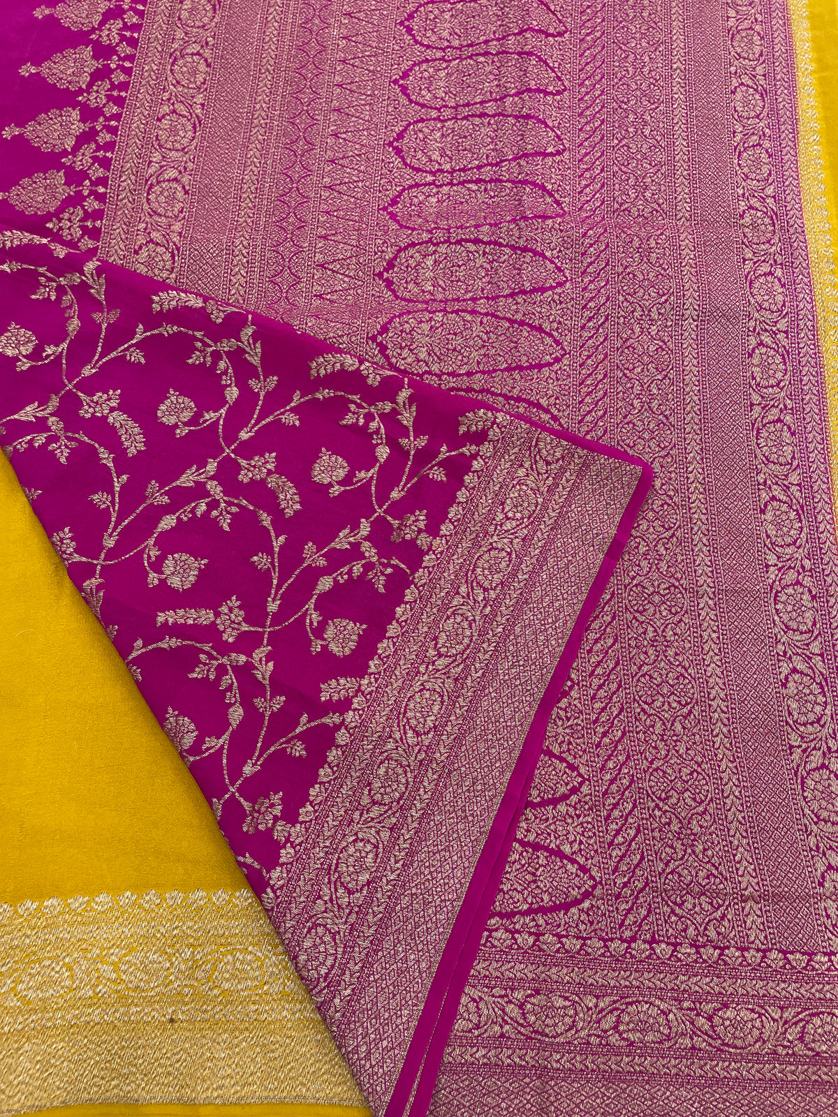 Yellow n Pink Pure Banarasi Crepe Saree 03