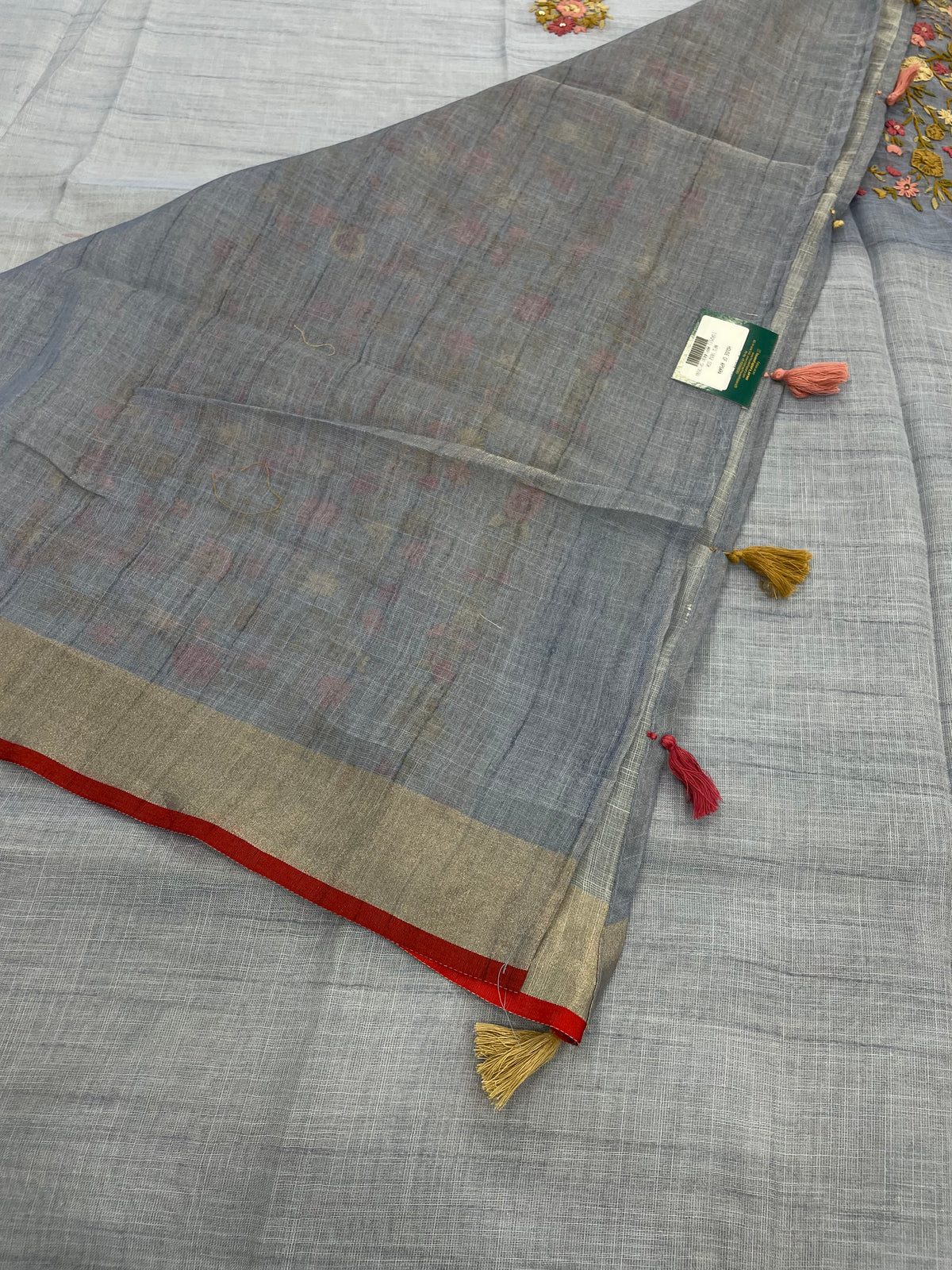 Powder Blue Tissue Linen Knot Work Saree 12