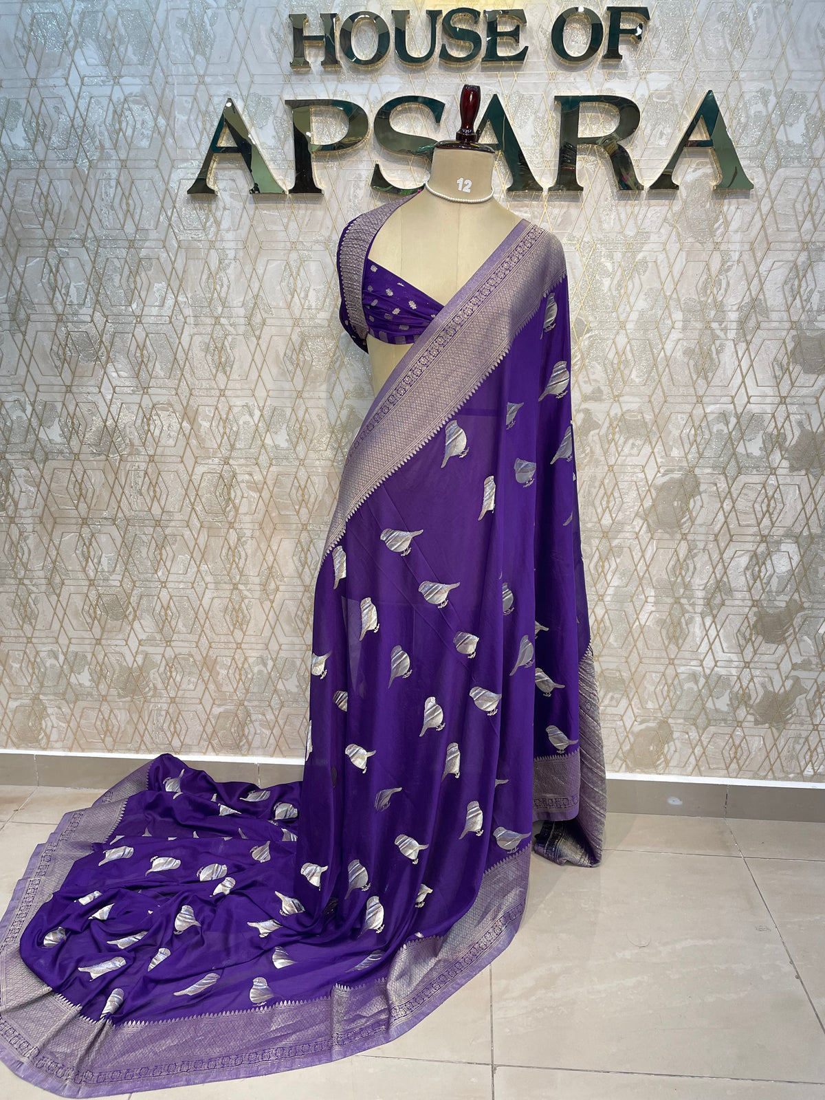 Purple Chinnon Crepe Sparrow Butta Saree 67