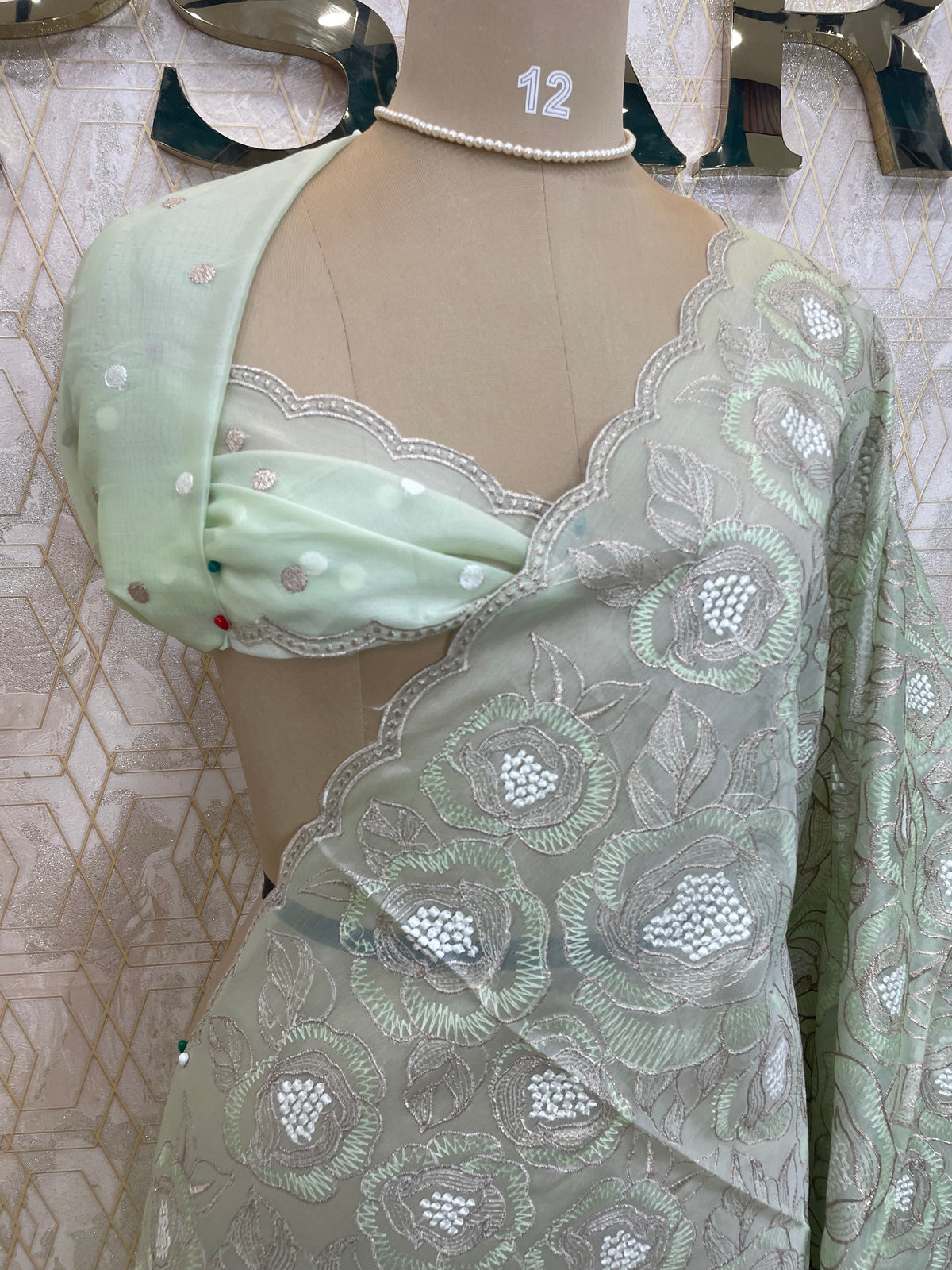 Pista Green Organza Floral Embroidery Saree 29