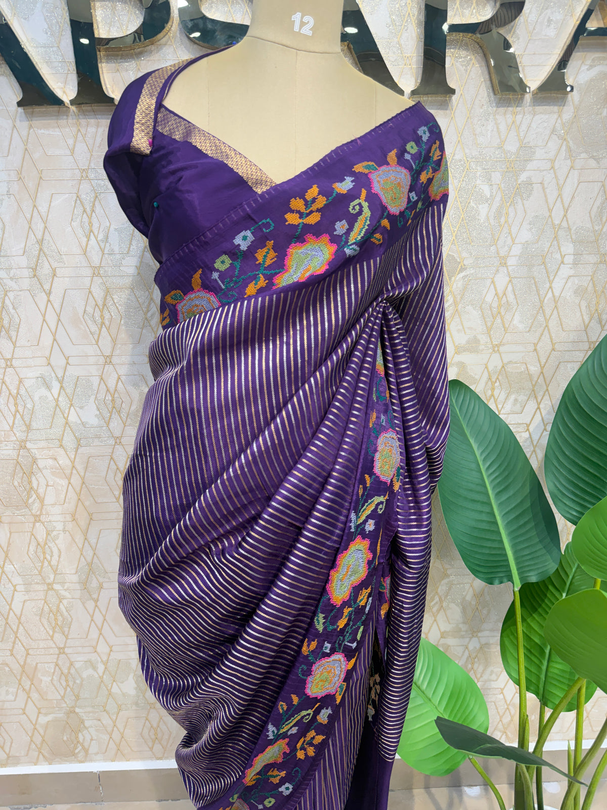 Purple Crepe With Stripe Cross-stitch Embroidery Saree 207