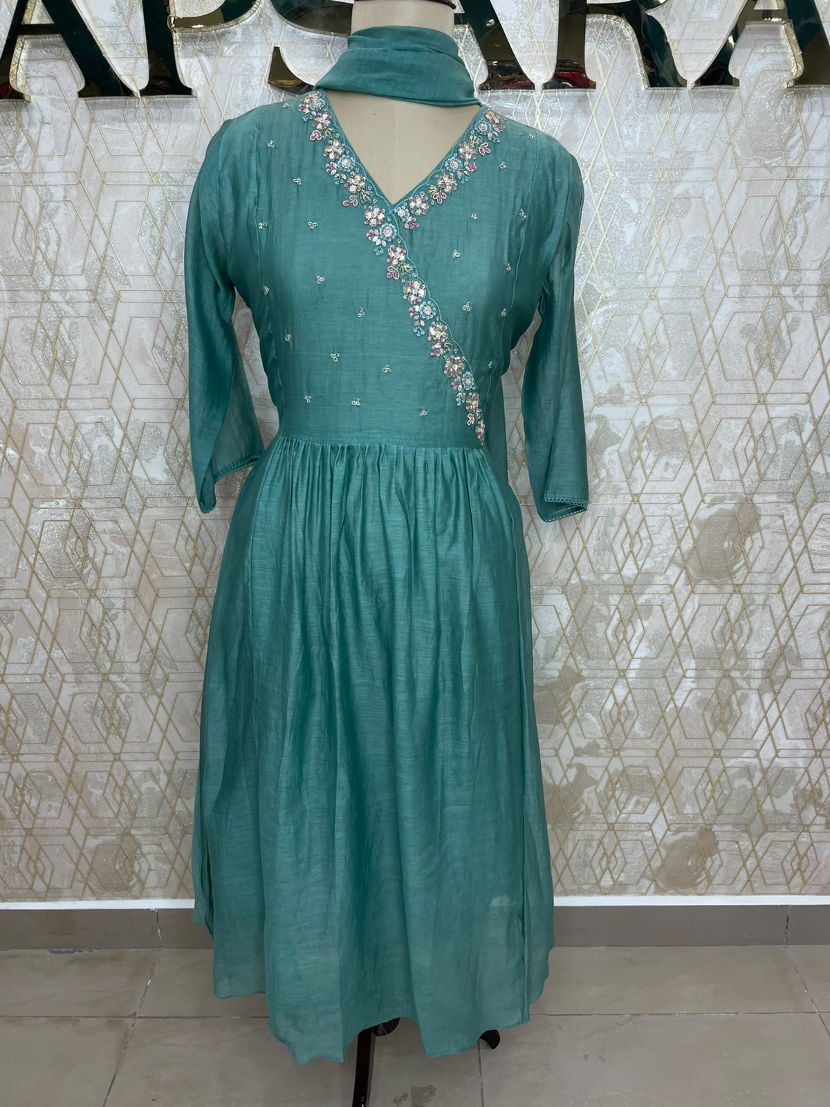 Sea Blue Mul Chanderi Airline Kurtha 113