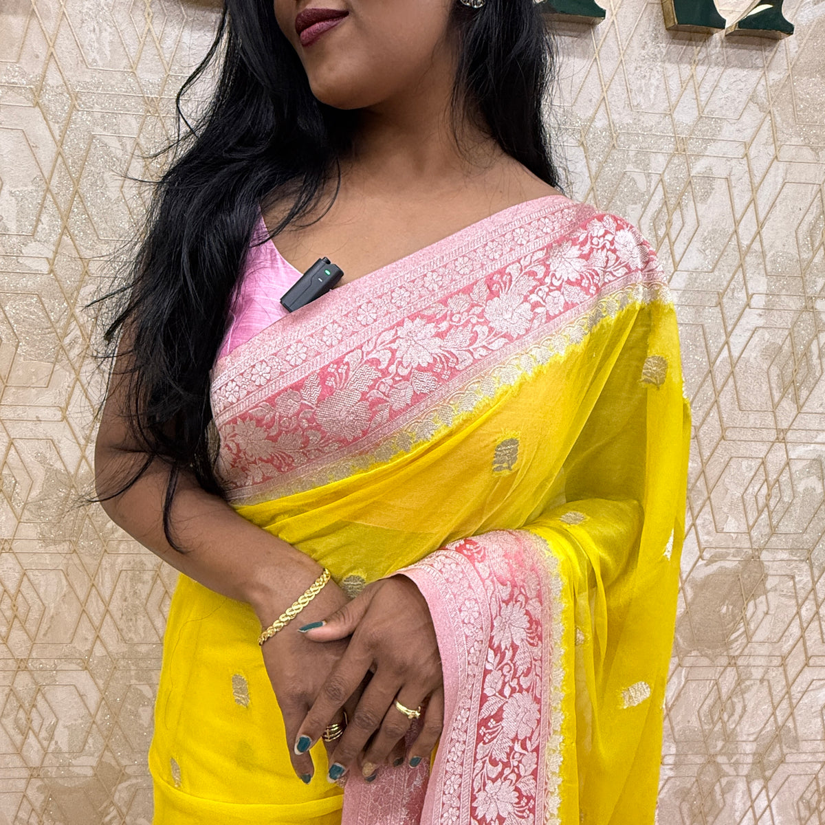 Yellow n Pink With Silver Zari Semi Chiffon