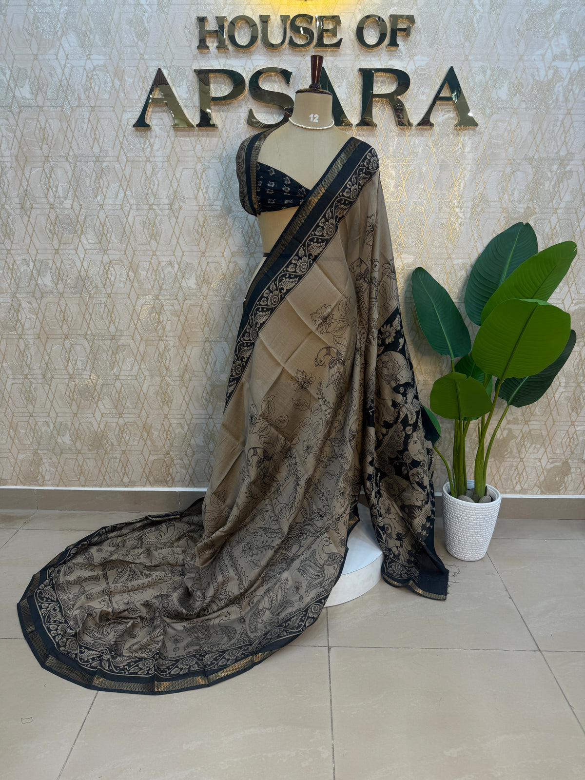 Cream n Black Kalamkari Print Mangalgiri Cotton Silk Saree 13