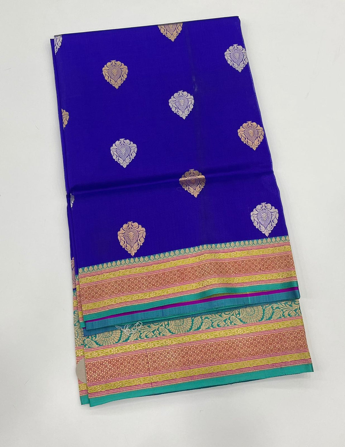 Royal Blue Pure Kora Katan Designer saree 02