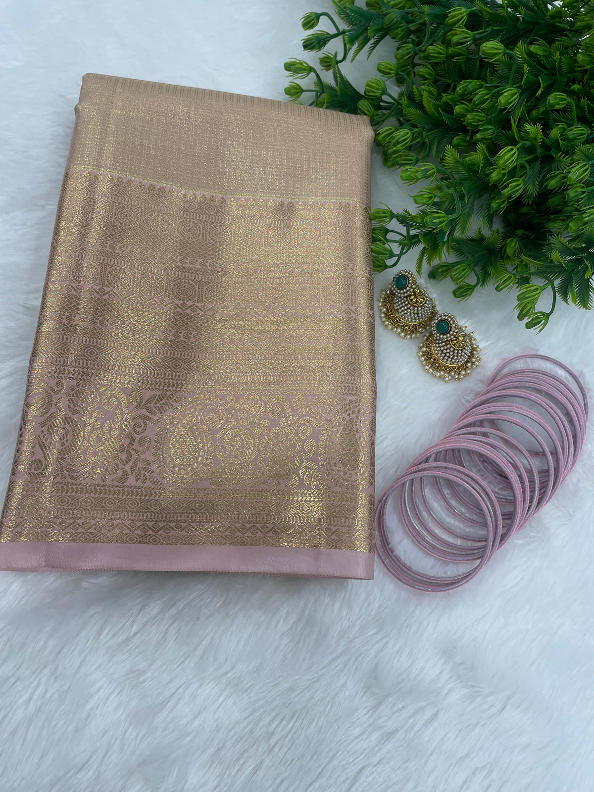 Gold n Pastel Pink Brocade Semi Kanchi Tissue Saree