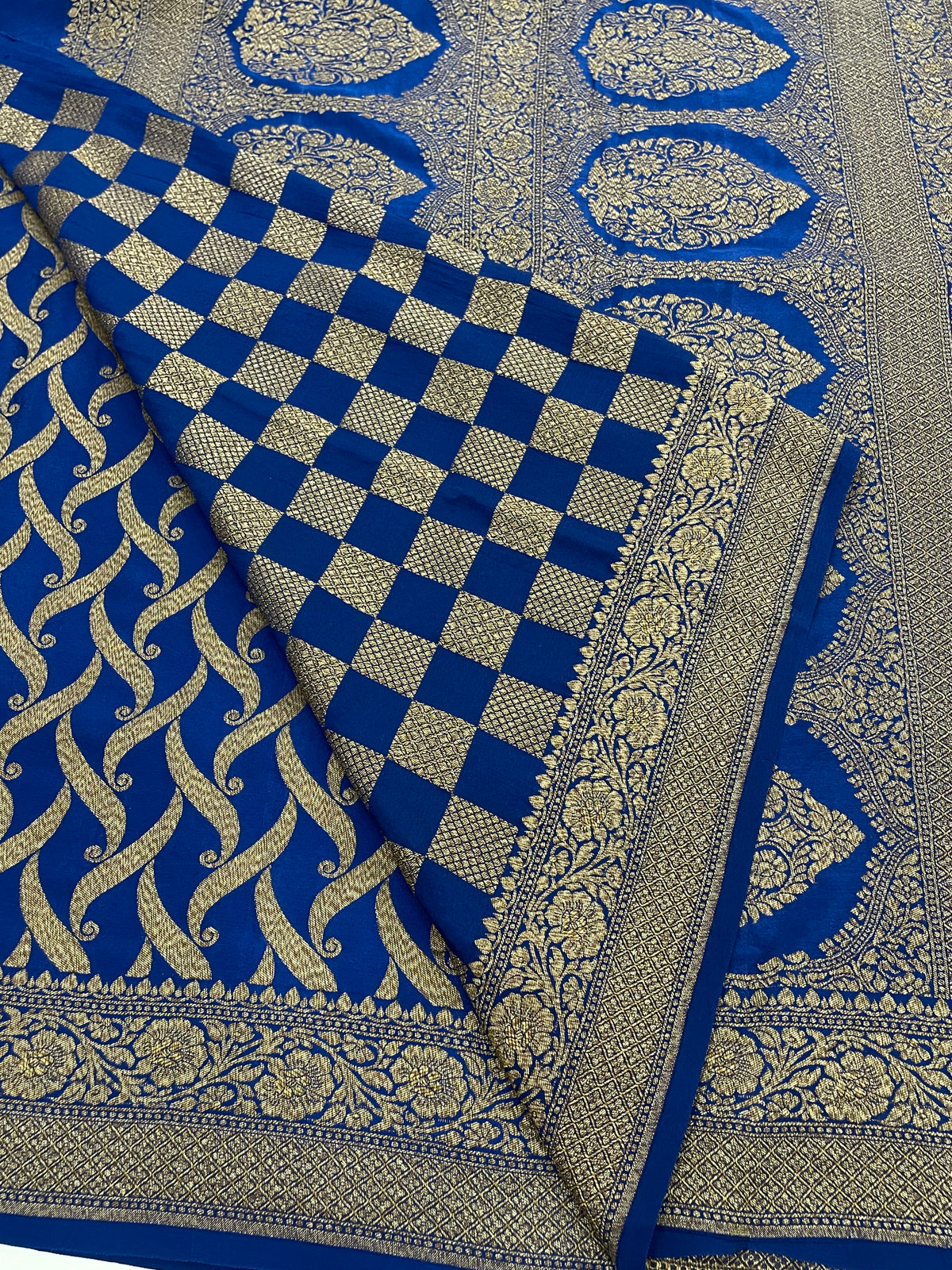 Peacock Blue Pure Banarasi Crepe Self Saree 03
