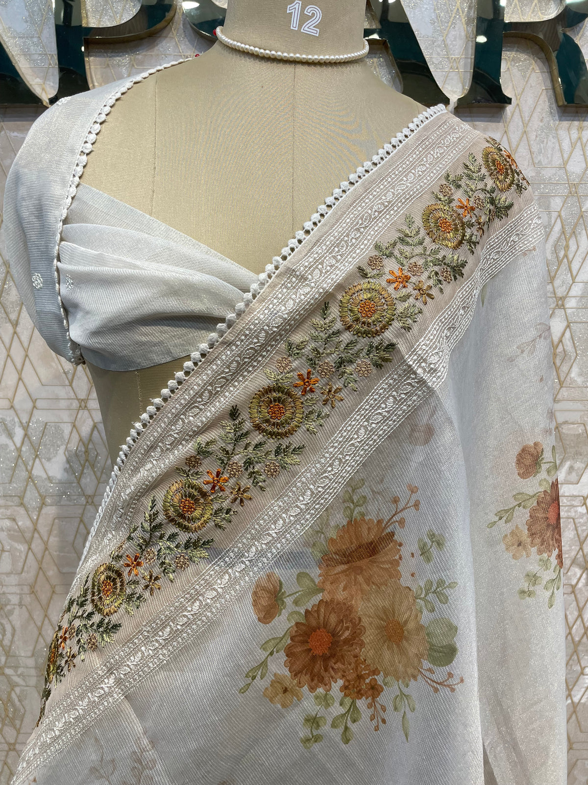 White n Beige Soft Tissue Embroidery With Floral Print Saree 64