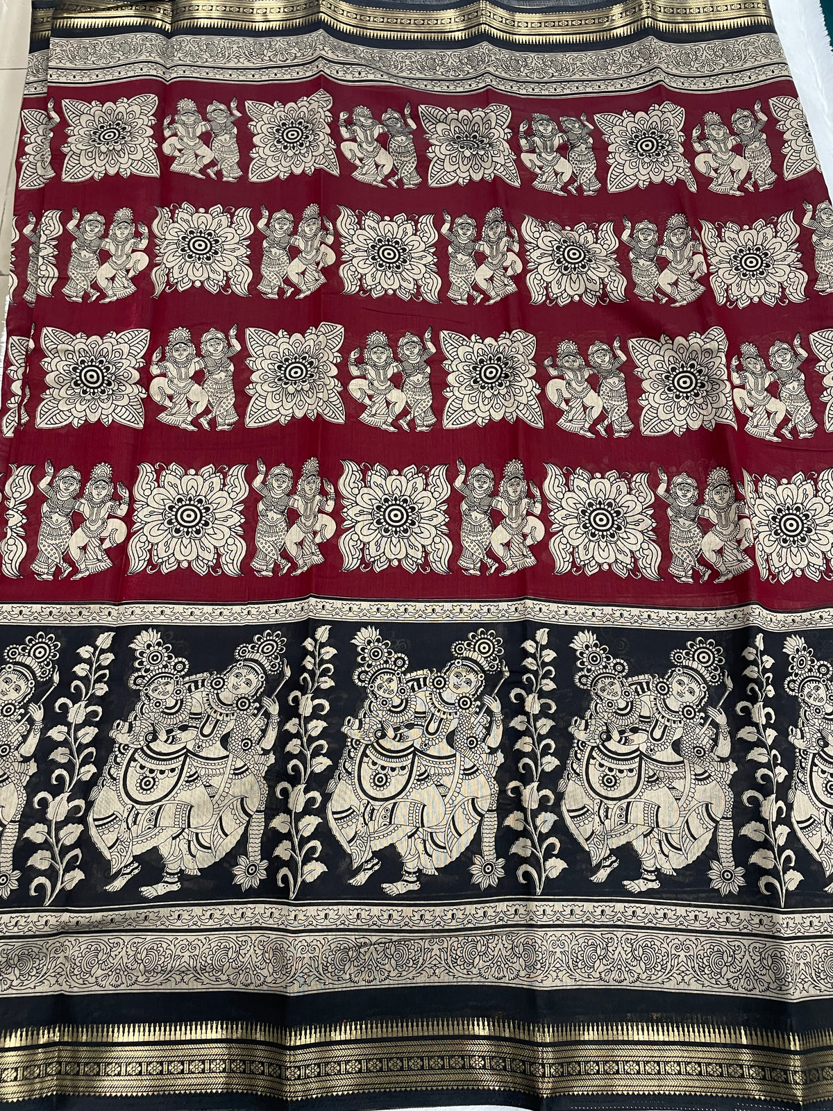 Black n Maroon Pure Mangalgiri Cotton Silk Saree 13