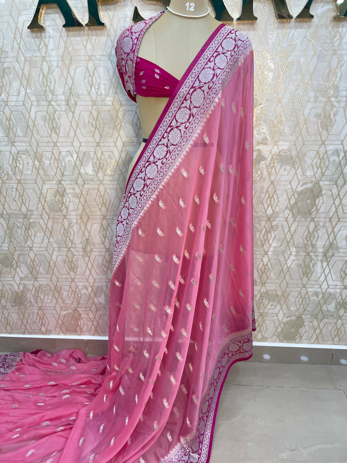Pink With Silver Zari Semi Chiffon