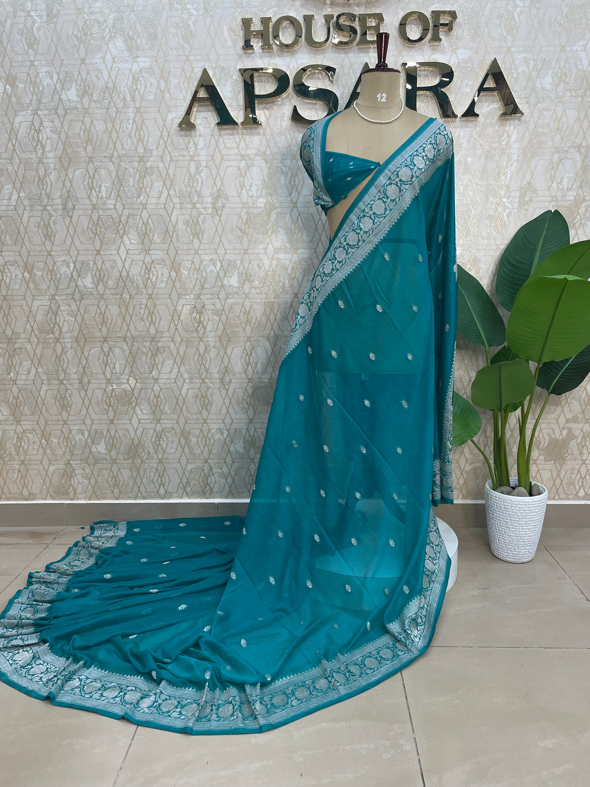 Teal Blue Banarasi Silk Saree With Silvar Zari Semi Chiffon