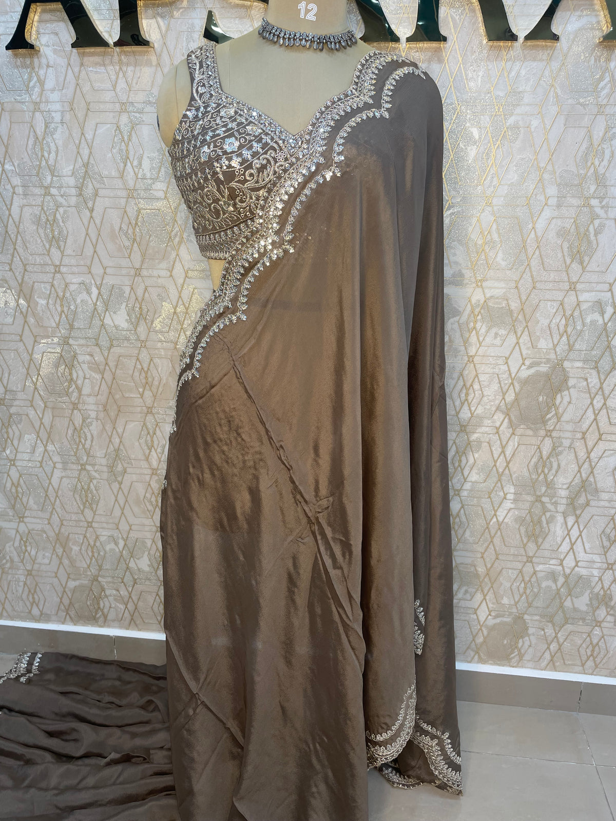 Brown Handwork Stitched Blouse Designer Party Saree 55