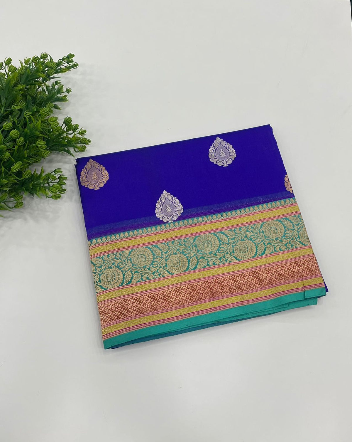 Royal Blue Pure Kora Katan Designer saree 02