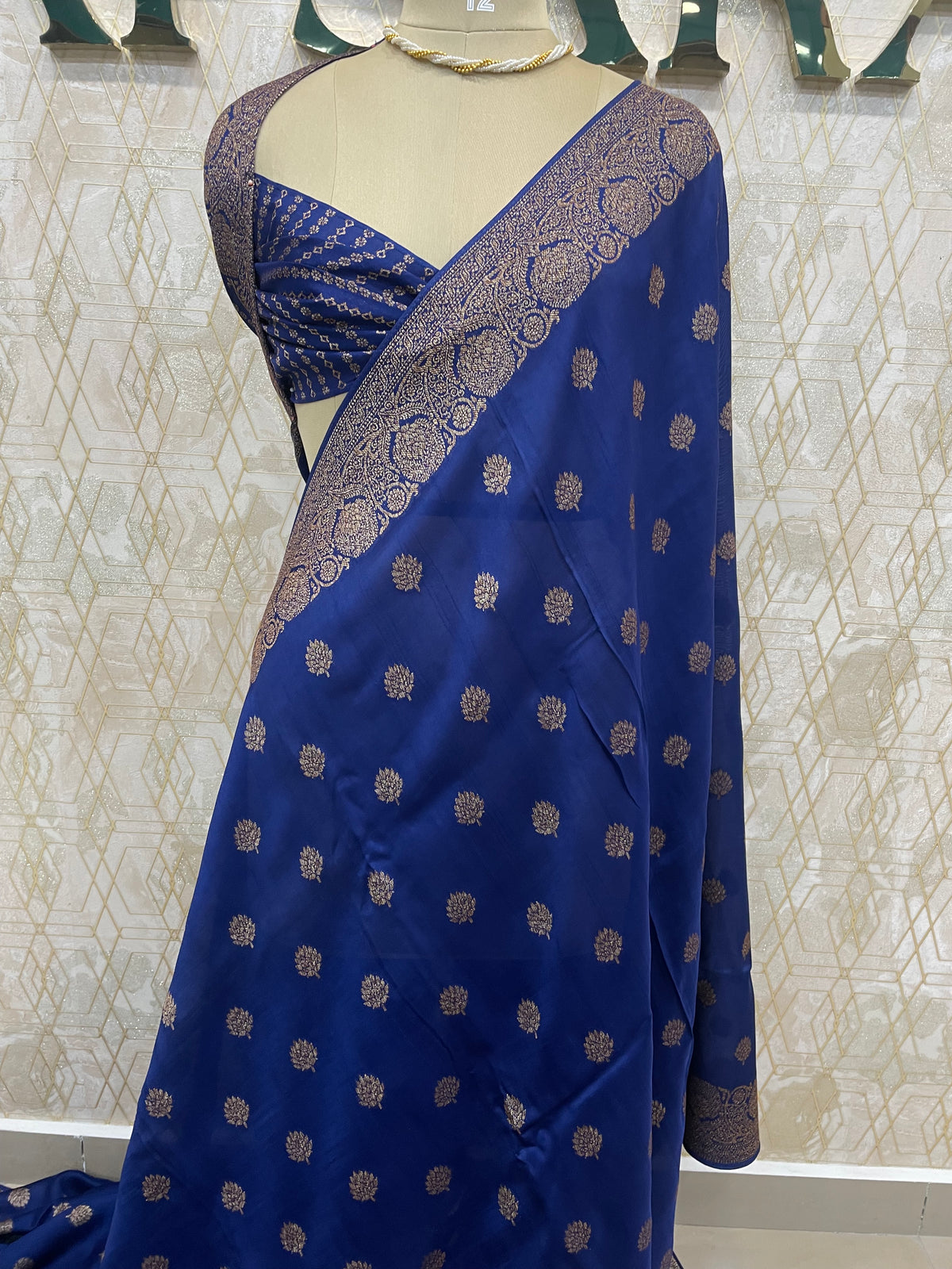 Navy Blue Tussar Gorgette Saree