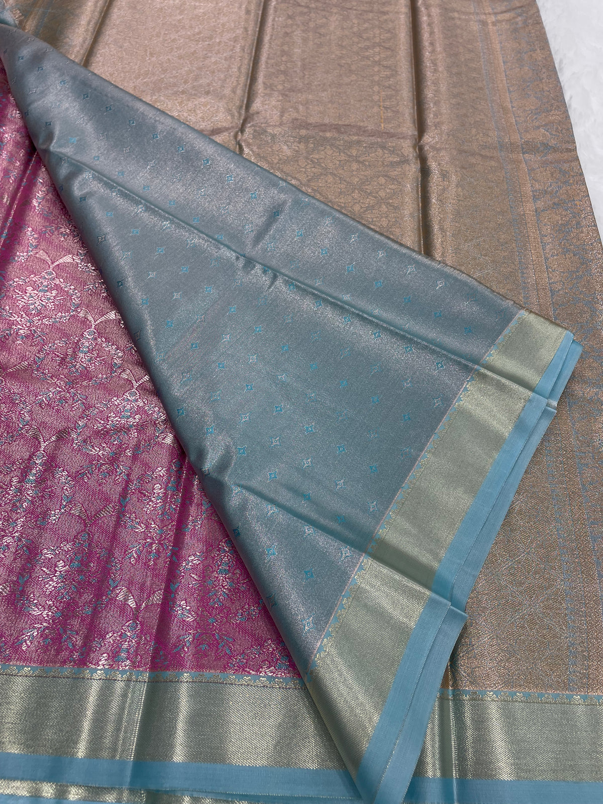 Pink n Blue Brocade Semi Kanchi Tissue Saree
