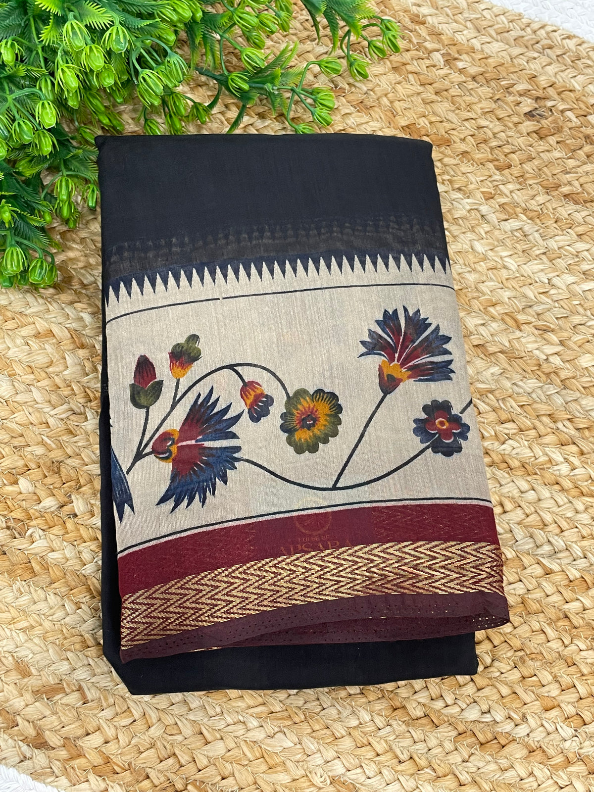 Black n Maroon Mangalgiri Cotton Silk Saree 13