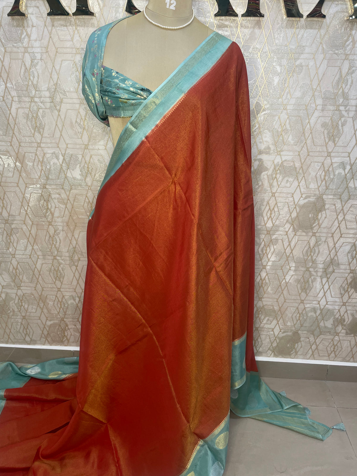 Rust Orange n Blue Tussur Saree 36