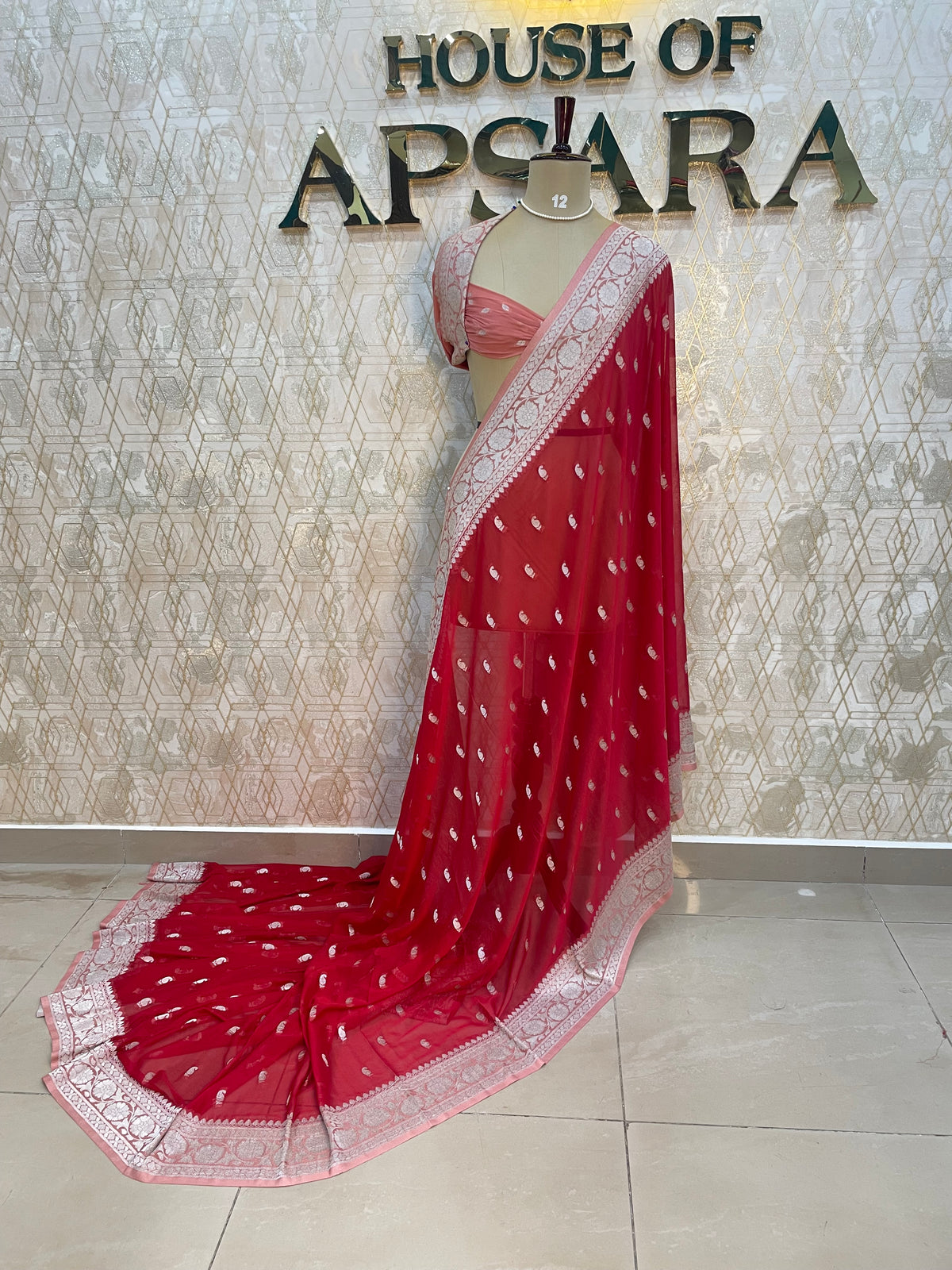 Red n Peach With Silver Zari Semi Chiffon