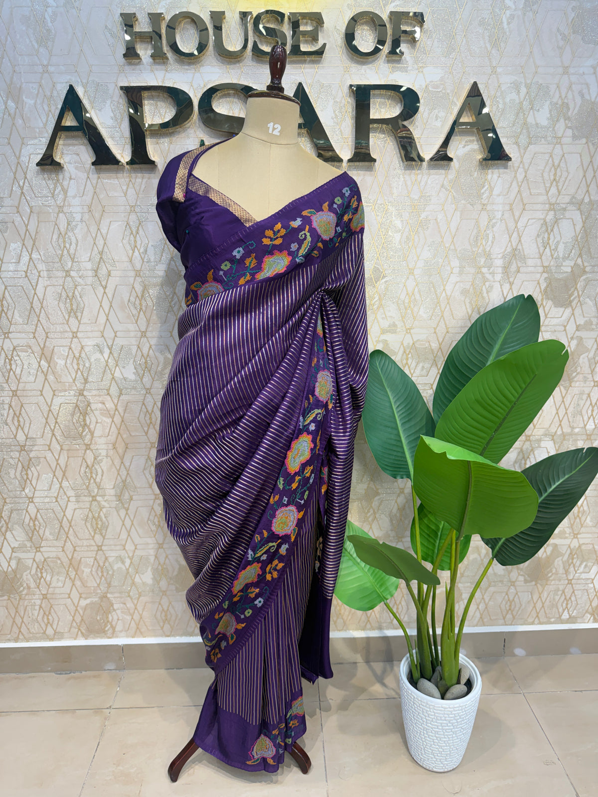 Purple Crepe With Stripe Cross-stitch Embroidery Saree 207