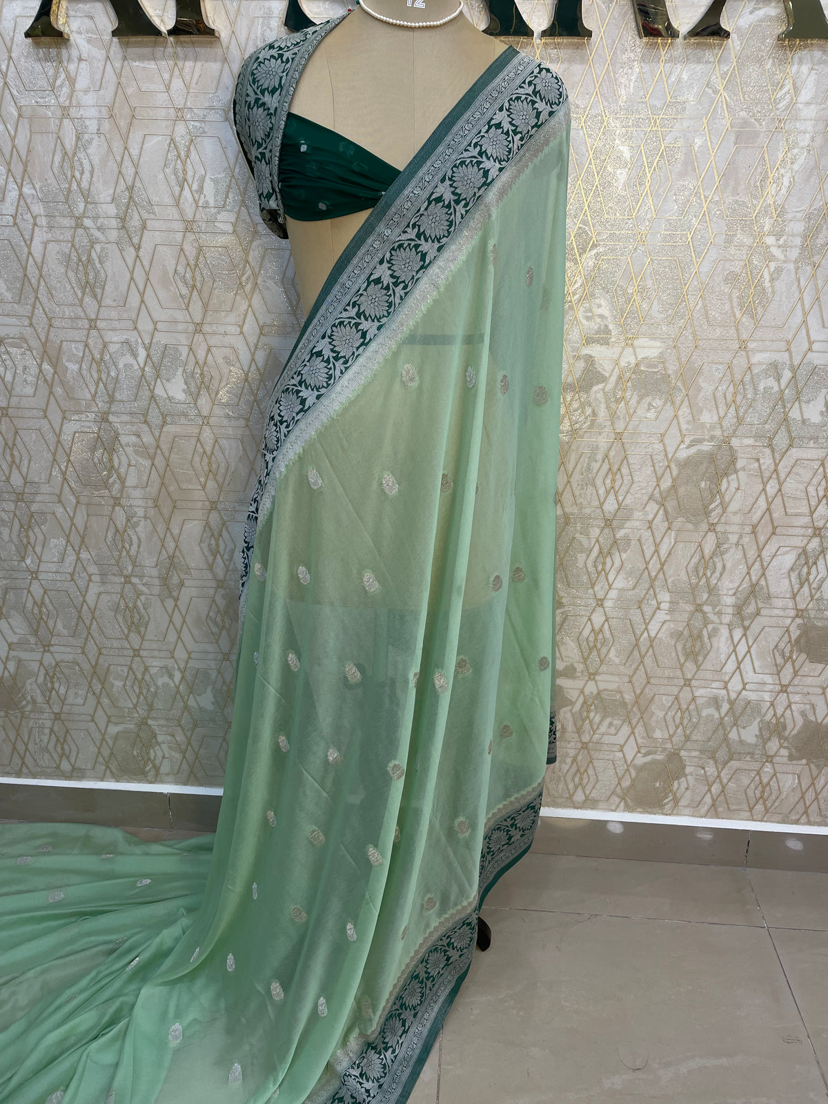 Pista Green With Silver Zari Semi Chiffon