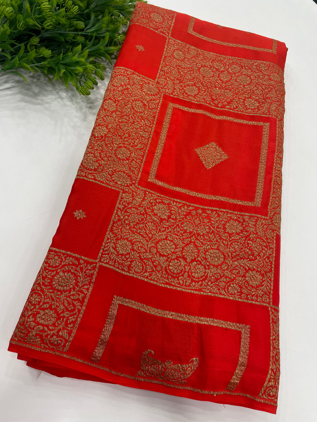Orange Pure Banarasi Crepe Self Saree 03