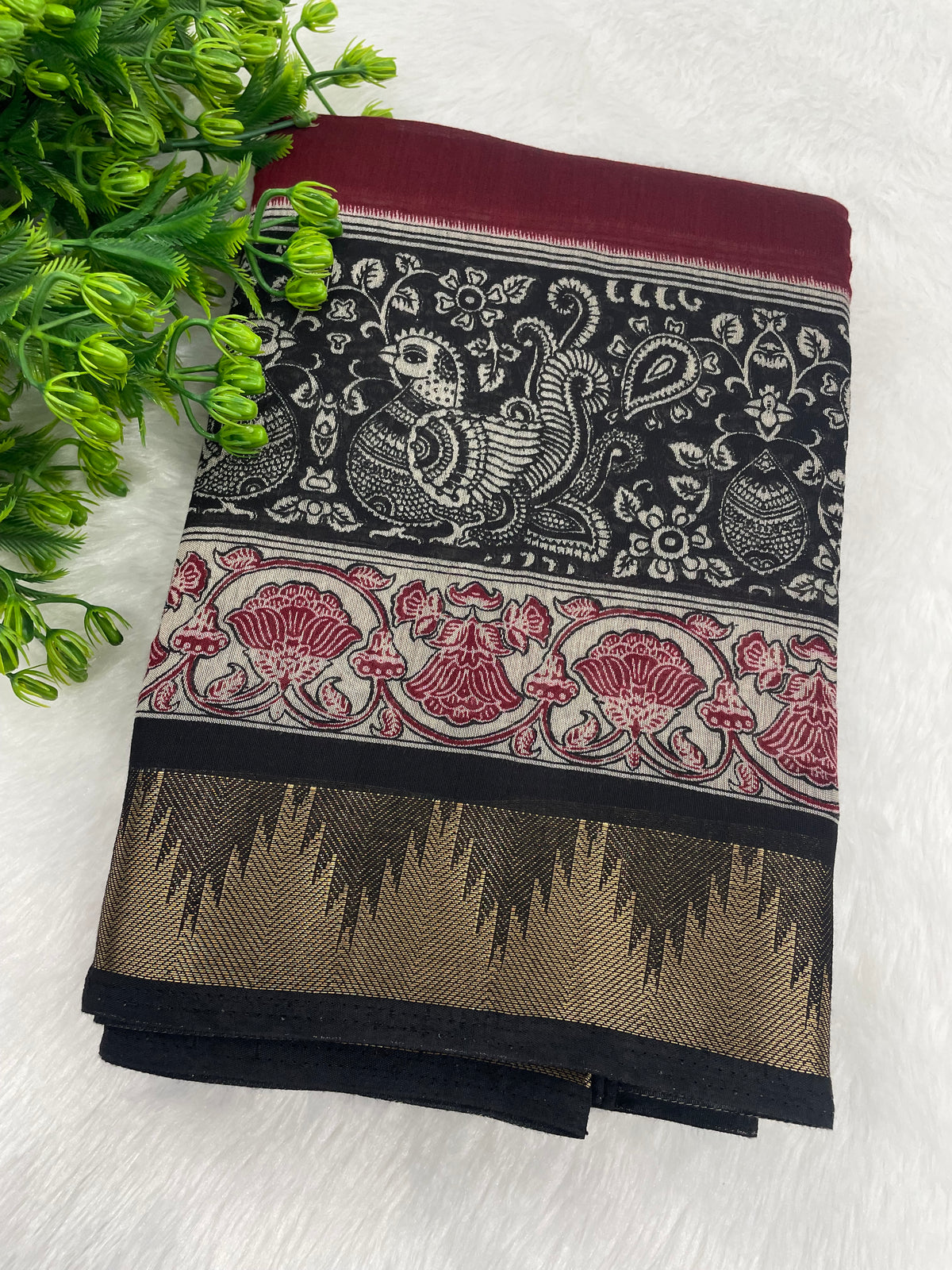 Maroon n Black Pure Mangalgiri Cotton Silk Saree 13