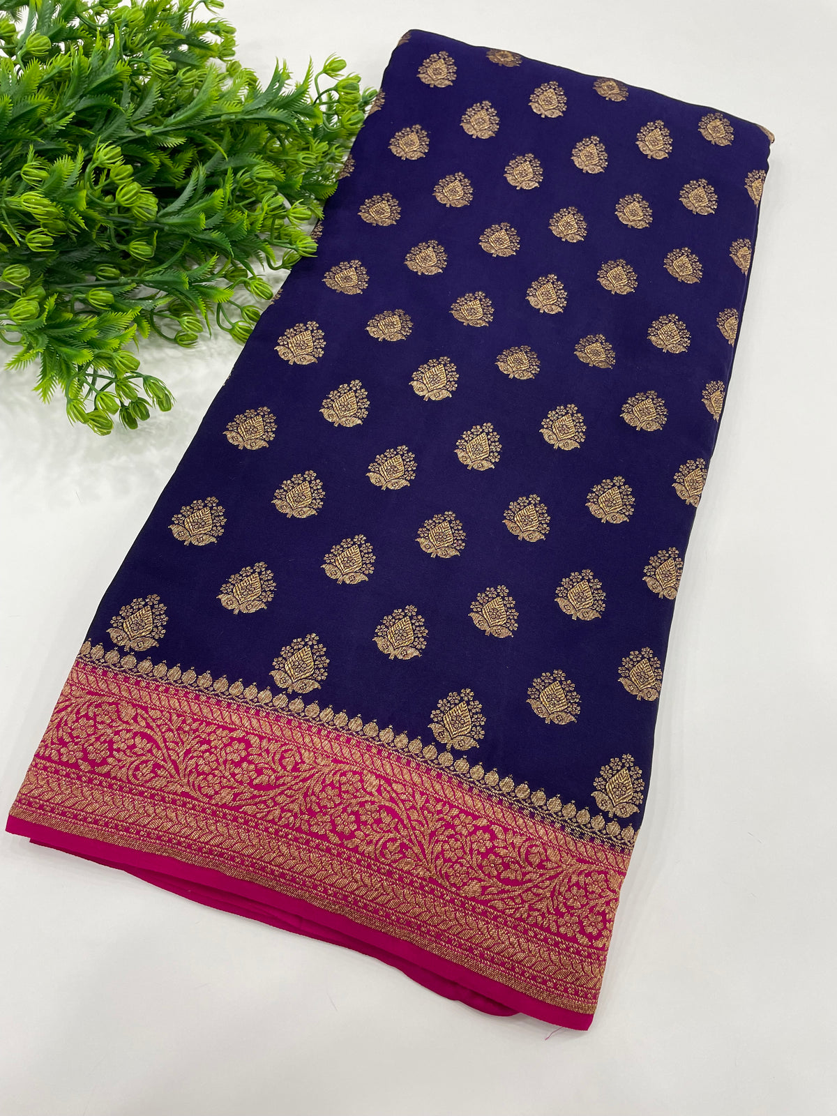 Purple Pure Banarasi Big Butta Crepe Saree 03