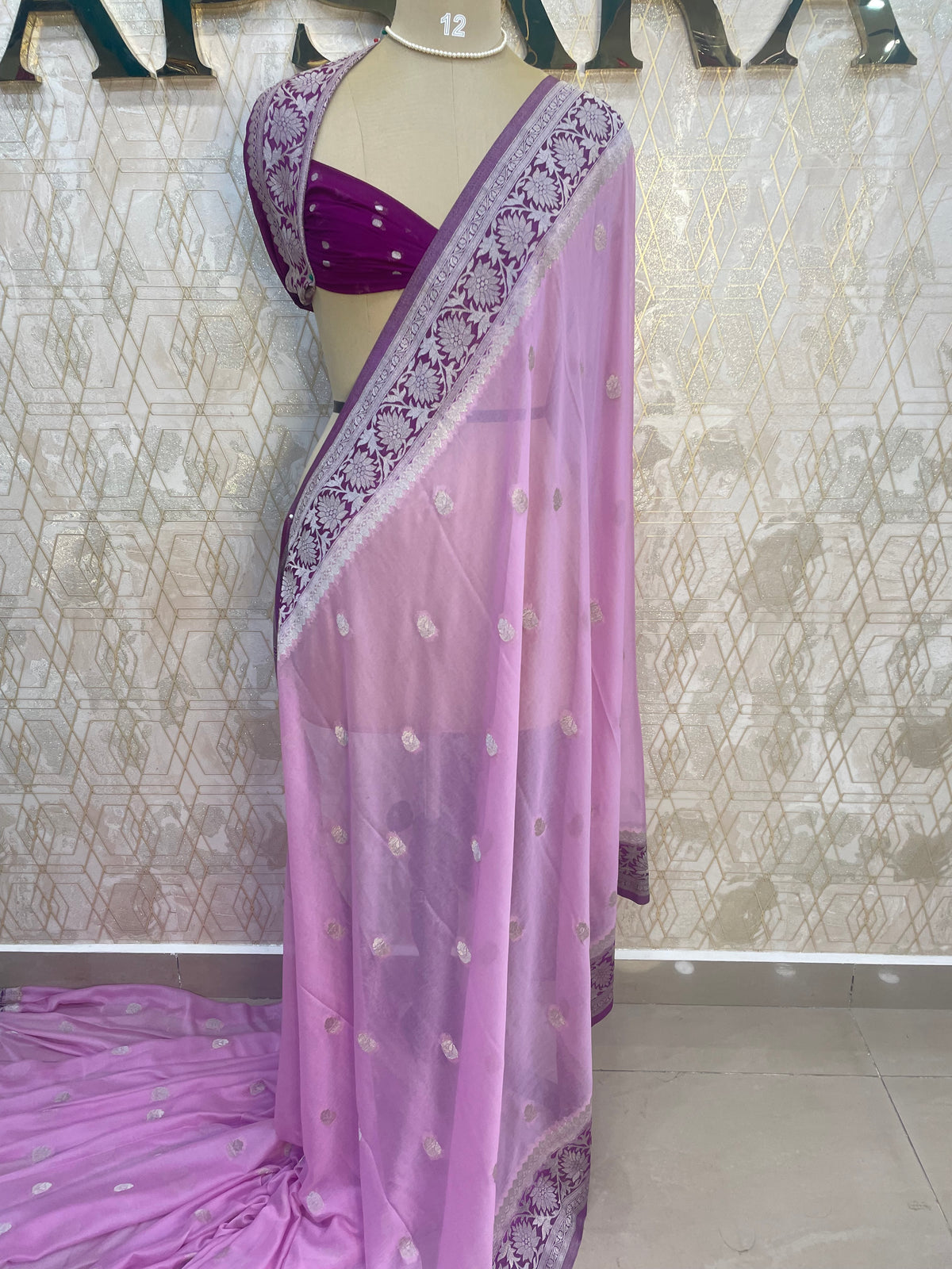 Lilac With Silver Zari Semi Chiffon