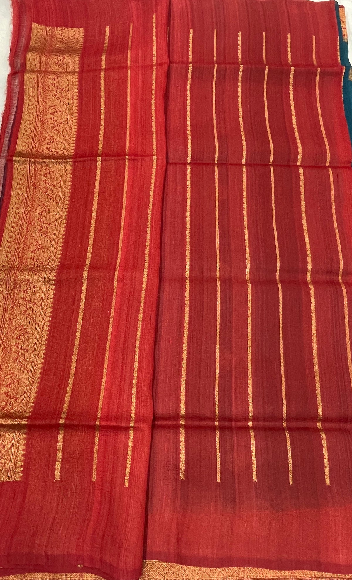 Peacock Blue Pure Tussur Handblom Saree 12