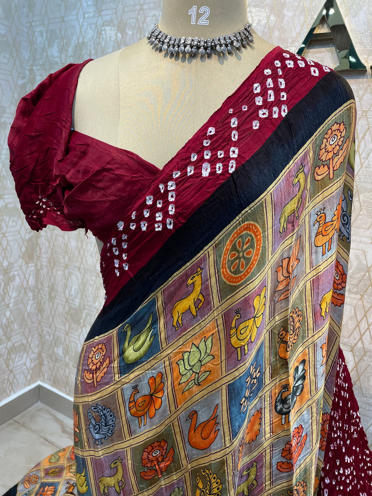 Gold n Maroon Pure Modal Silk Kalamkari Print Saree 05