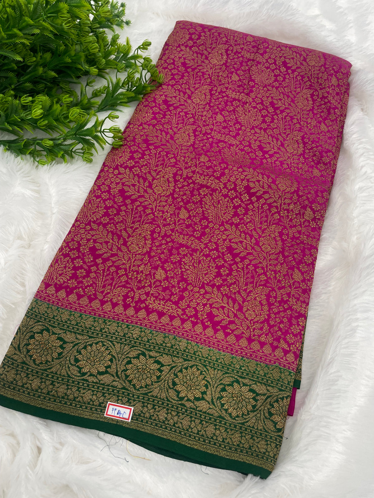 Pink n Green Pure Khadi Banarasi Crepe Saree 06