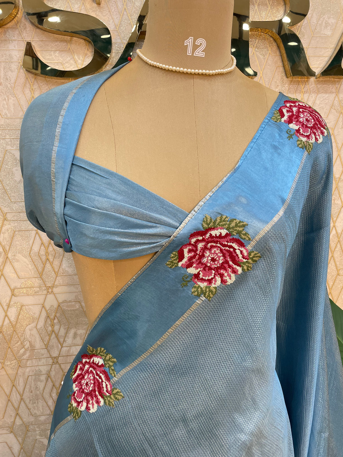 Blue Satin Silk Petite Point Embroidery Saree 305