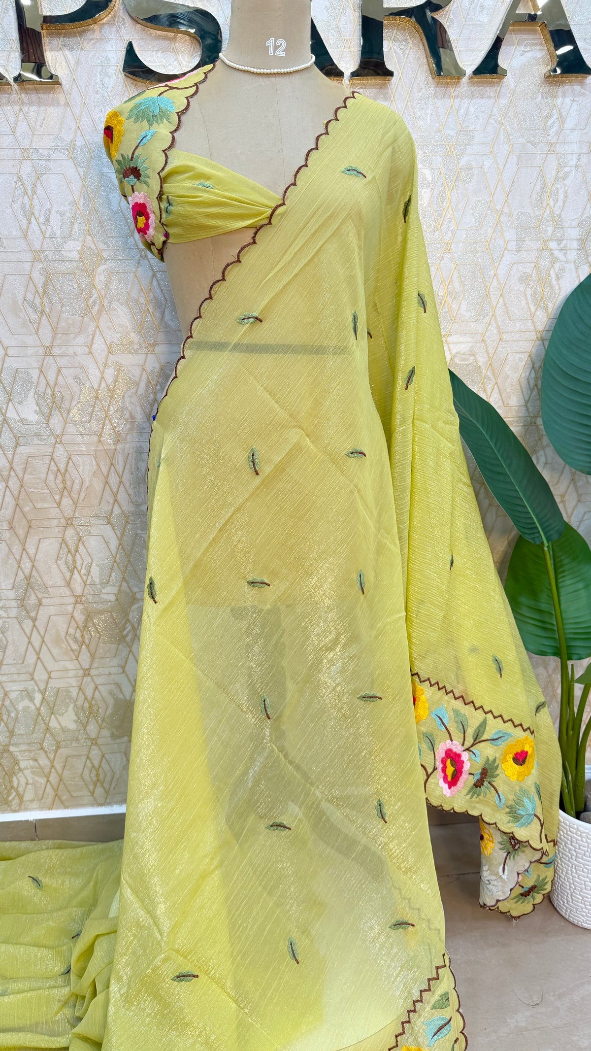 Yellow Soft Crush Tissue Sunflower Embroidery Work Saree 301
