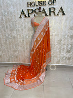 Orange n Peach With Silver Zari Semi Chiffon