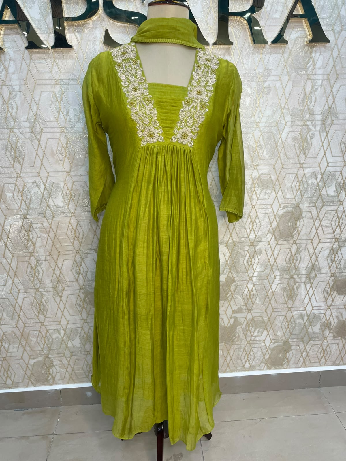 Green Mul Chanderi Alia Cut Kurtha 117
