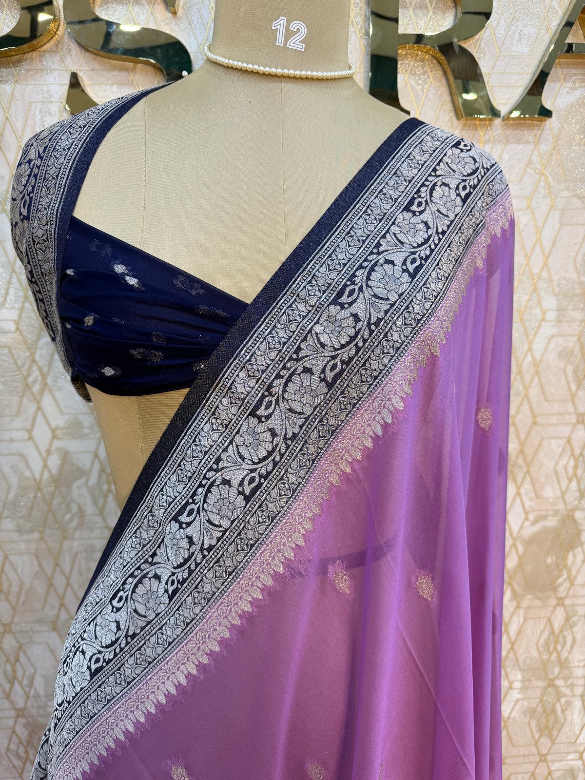 Lilac n Navy Blue With Silver Zari Semi Chiffon